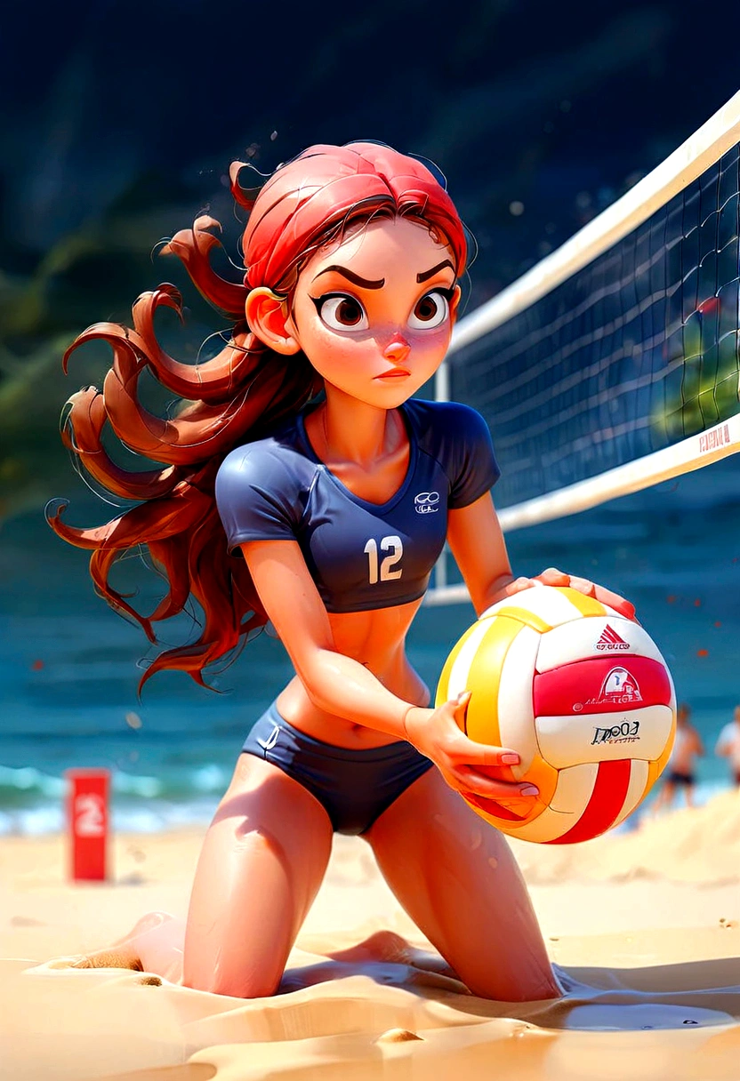 1girl, Beach Volleyball, watercolor painting of a volleyball, in the water on a beach, soft multilayered, perfect composition, complementary colors, fine details, masterpiece, best quality, very aesthetic, absurdres