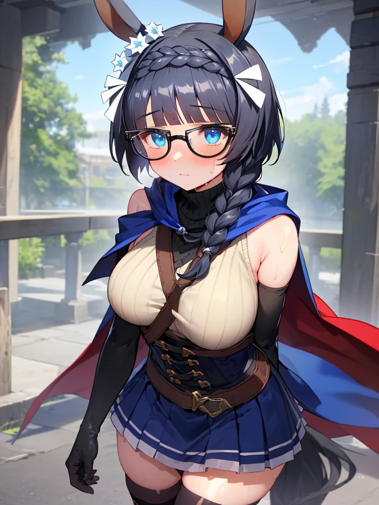 (((zenno rob roy, umamusume,))) braids, blunt cut, medium hair, braid, silver hair, blue eyes, droopy eyes, pale skin, glasses, cute face, huge breasts, blush, embarrassed, wet skin, shiny skin, sweat, steam, humid, ((((Turtleneck Sweater, Bare shoulder, black elbow gloves, blue corset skirt, black thighhighs, blue cape,)))) see-through, 