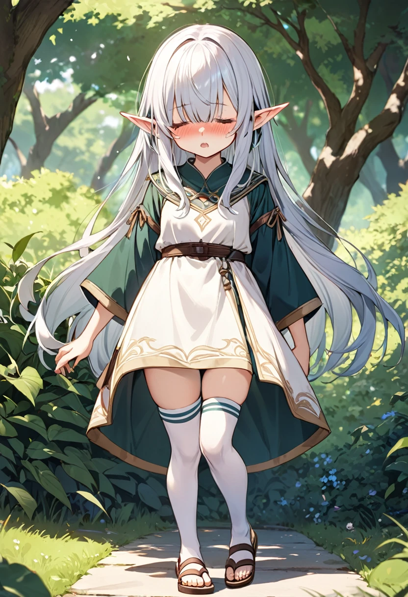 BREAK Perfect Anatomy、(High resolution:1.2)、Incredible illustrations、(Cute illustrations:1.2)、(Beautiful background(bushes in the park)) 1little girl((multicolored hair,bangs over eyes:2.5, ,)1girl((a girl,elf 1.5meters, 25kg,18 years old female, ((tunic,thigh-high socks, sandals),tilting head,anguish
