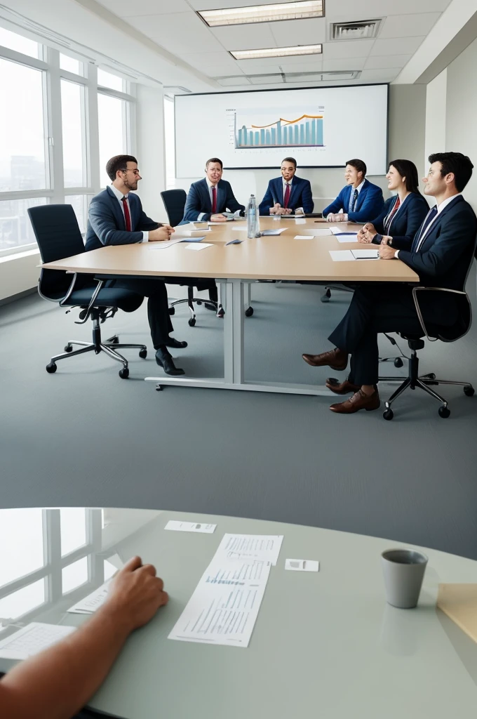 (((Very Realistic))) Employees of a company in a meeting room discussing Corporate Social Responsibility: The relationship between socially responsible practices and business efficiency.
