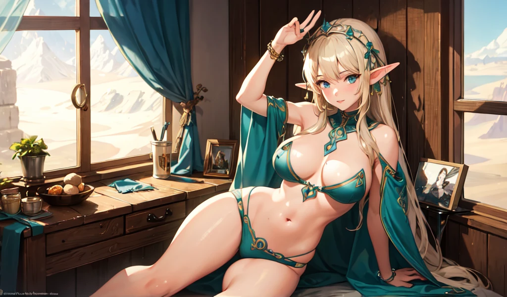 ((Highest quality)), ((masterpiece)), (detailed), 1 Beautiful Elf Woman, sexy,Celtic,desert,camel,camp