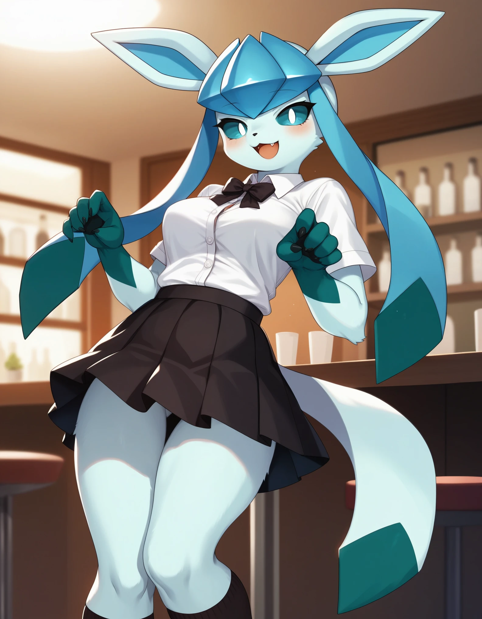 Solo, score_9,score_8_up,score_7_up, source_furry, kemono style, an Anthro furry Glaceon female, blue sclera, white eyes, furry head, tall slender body, hourglass figure, wearing white button up shirt, black skirt, thigh high socks, in a cafe, simplified background, eyes half open, bashful pose, fidgeting with her skirt, standing, looking at viewer, open mouth smile, blushing