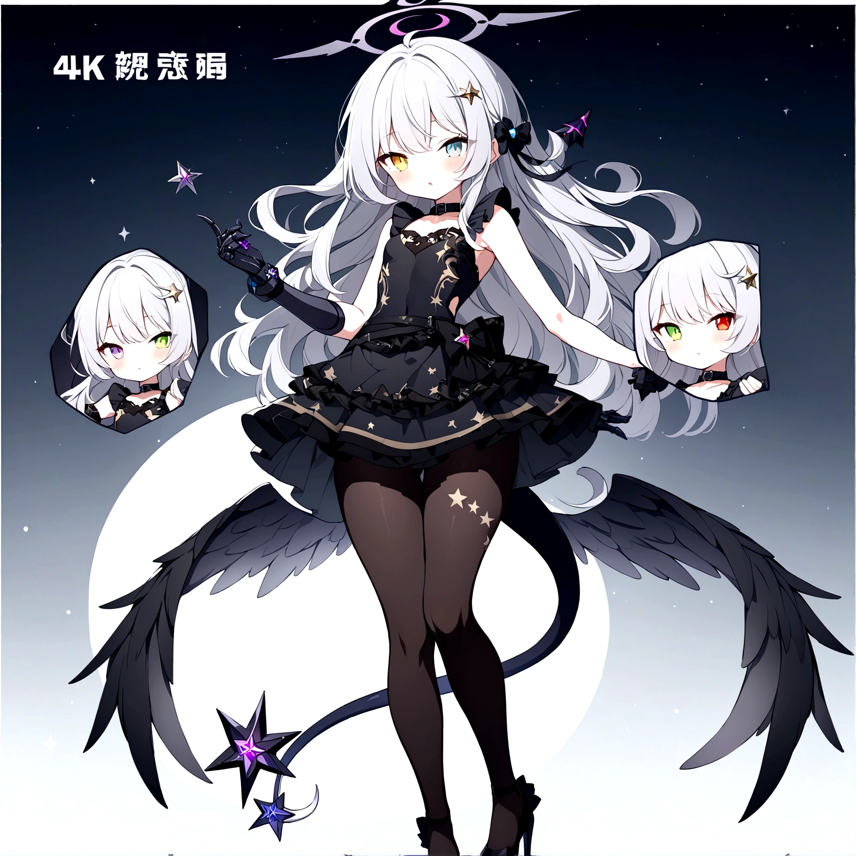 woman 160 cm tall, slim build. (character design sheet: front view). Knee Length Wavy Long Gray Hair. (heterochromia: one light green eye and one amber eye), she has little ribbons in her hair, crescent-shaped barrette on the right side of the hair. extremely detailed face, small face, Beautiful detailed eyes, beautiful detailed lips. adorable, extremely detailed legs, (Best Quality, 4k, 8k, high resolution), ultra detailed, Exquisite and epic character art. Black high stockings with gold star print. Black platform heels, One-piece dress with low waist and ruffles. black mechanical arms up to the forearm, dark gray belt at the waist with a small platinum blue crescent, black collar on the neck. Short dark blue and black angel wings. It has a succubus tail that ends in a heart shape at the tip. Wide hips. Wears a luminous gray and black halo with star patterns. (small chest size).