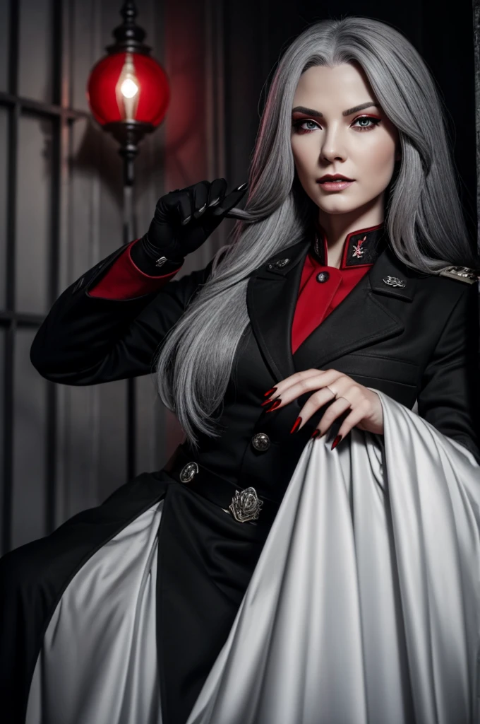 Gray-haired vampire, Beautiful, greedy with red eyes in a full-length military uniform , long black nails on fingers