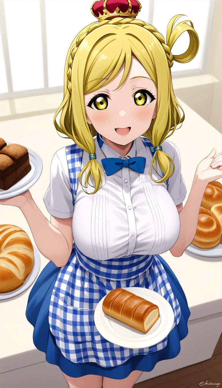 best quality,medium quality,(1girl), (solo),ohara mari, love live! sunshine!, hair rings, blonde hair, yellow eyes, crown braid, medium hair, large breasts , kobeya uniform,blue skirt, blue neckwear, gingham apron, Bakery,from above, standing posing,smile,
