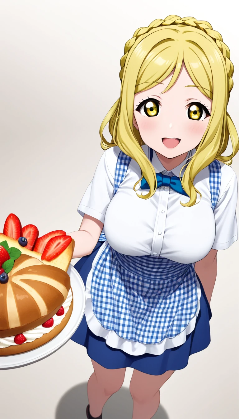 best quality,medium quality,(1girl), (solo),ohara mari, love live! sunshine!, hair rings, blonde hair, yellow eyes, crown braid, medium hair, large breasts , kobeya uniform,blue skirt, blue neckwear, gingham apron, Bakery,from above, standing posing,smile,