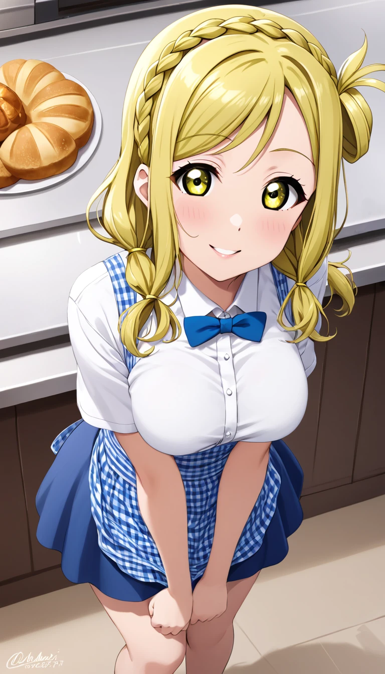 best quality,medium quality,(1girl), (solo),ohara mari, love live! sunshine!, hair rings, blonde hair, yellow eyes, crown braid, medium hair, large breasts , kobeya uniform,blue skirt, blue neckwear, gingham apron, Bakery,from above, standing posing,smile,