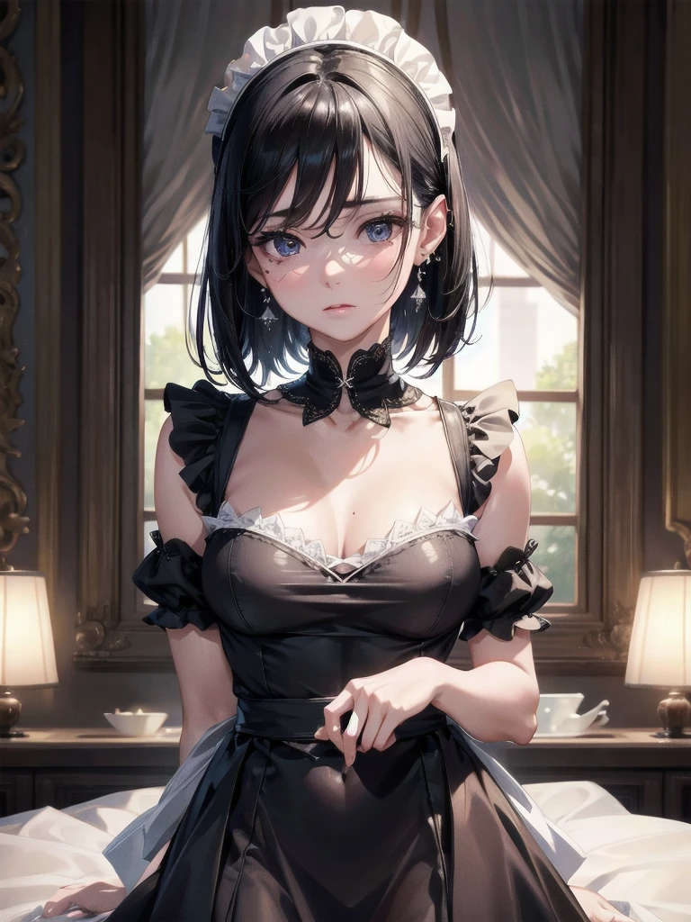 absurdres, RAW photo, extremely delicate and beautiful, masterpiece, Best Quality, ultra high resolution, 32k, hyperrealistic, ultra-detailed, delicate facial features, beautiful detailed woman, tearful mole, earring, medium breasts, full body shot, medium hair, black hair, maid costume,