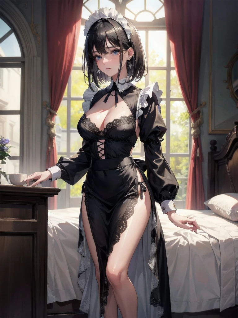 absurdres, RAW photo, extremely delicate and beautiful, masterpiece, Best Quality, ultra high resolution, 32k, hyperrealistic, ultra-detailed, delicate facial features, beautiful detailed woman, tearful mole, earring, medium breasts, full body shot, medium hair, black hair, maid costume,