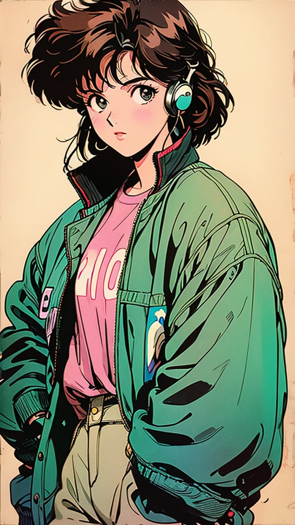 Short brown hair, girl, 90s Vintage, Romance Anime Style, cardigan, Lip gloss, Headphones,cassette tape,I have a Walkman