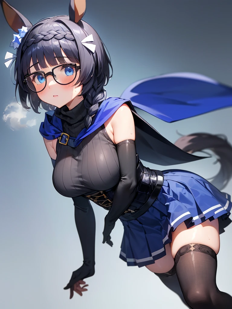 (((zenno rob roy, umamusume,))) braids, blunt cut, medium hair, braid, silver hair, blue eyes, droopy eyes, pale skin, glasses, cute face, huge breasts, blush, embarrassed, wet skin, shiny skin, sweat, steam, humid, ((((Turtleneck Sweater, Bare shoulder, black elbow gloves, blue corset skirt, black thighhighs, blue cape,)))) see-through, 