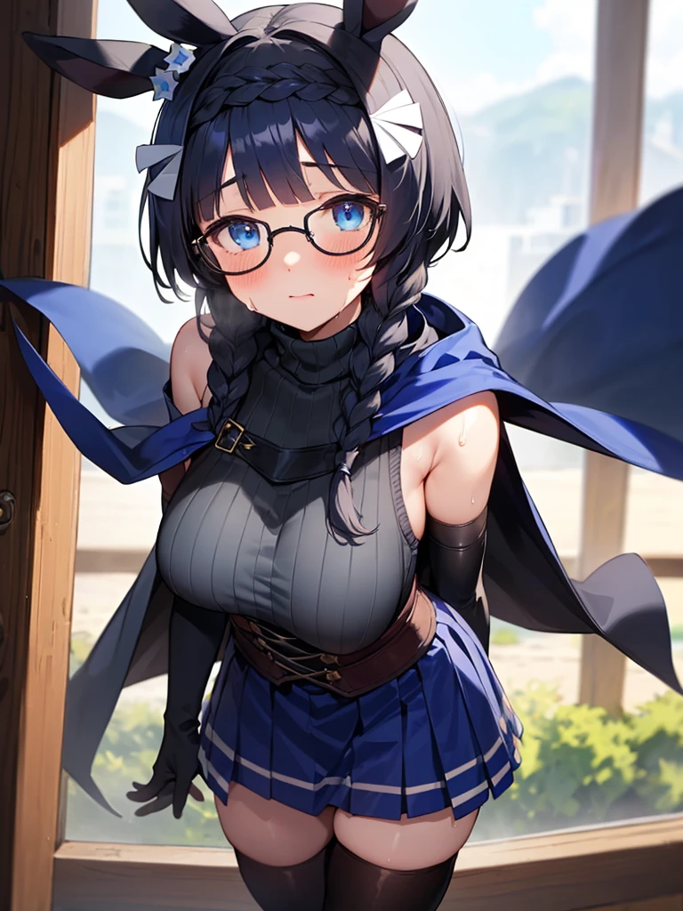 (((zenno rob roy, umamusume,))) braids, blunt cut, medium hair, braid, silver hair, blue eyes, droopy eyes, pale skin, glasses, cute face, huge breasts, blush, embarrassed, wet skin, shiny skin, sweat, steam, humid, ((((Turtleneck Sweater, Bare shoulder, black elbow gloves, blue corset skirt, black thighhighs, blue cape,)))) see-through, 