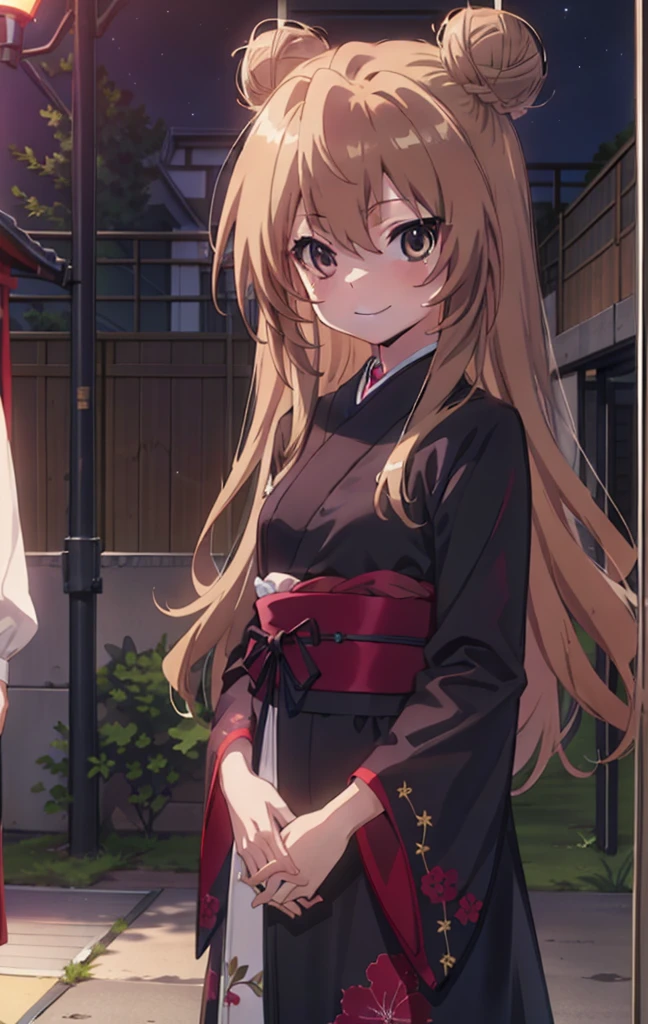 taiga aisaka, taiga aisaka, Long Hair, Brown Hair, Brown eyes,happy smile, smile, Close your mouth,Hair Bun, single Hair Bun,Black kimono,Thick sleeves,,日本のfestival,夏festivalの屋台,Red lantern,night,As if your whole body is in the illustration,Walking, break looking at viewer, Upper Body (Cowboy Shot:1. 5),
break outdoors, festival,shrine,
break (masterpiece:1.2), Highest quality, High resolution, unity 8k wallpaper, (shape:0.8), (Beautiful attention to detail:1.6), Highly detailed face, Perfect lighting, Highly detailed CG, (Perfect hands, Perfect Anatomy),