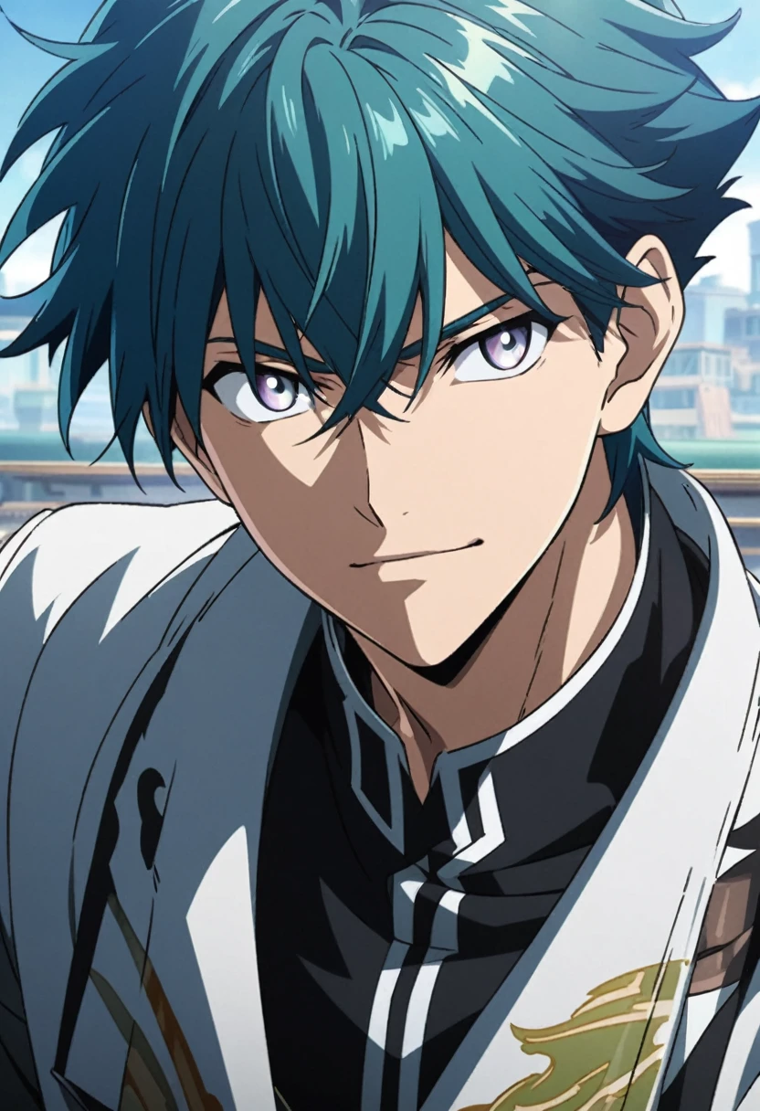 A man with green and blue hair and black clothing, Handsome face, White eyes, Highly detailed young anime, 4K Manga Wallpaper, Anime Shōnen, Detailed Anime Character Art.