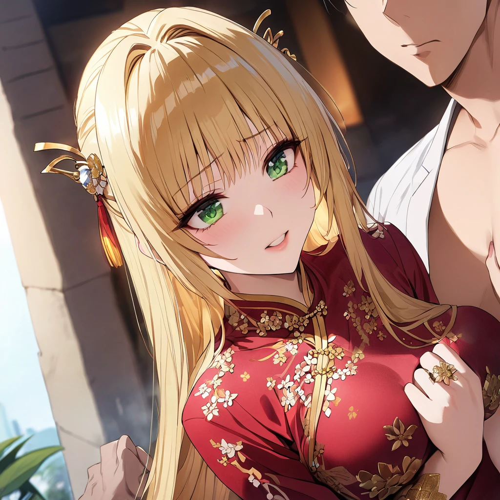 A woman is being raped by a man、((Highest quality)), ((masterpiece)), (detailed), (Perfect Face)、The woman is a Vietnamese thai woman, wearing a gorgeous and glittering ao dai, a traditional Vietnamese dress with gold embroidery, a gorgeous hair ornament, gorgeous jeweled accessories and an engagement ring, and is in a city in Vietnam.、The woman is an elegant Thai lady with green eyes and medium-long blonde hair. She is a Vietnamese Thai lady wearing an Ao Dai.