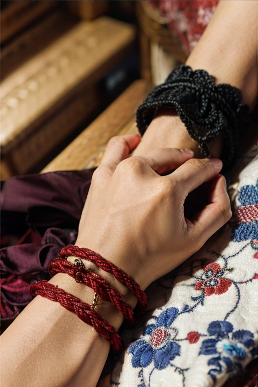 red thread bracelet on hand, Luck, wealth, black beads, protection high quality, masterpiece, detailed