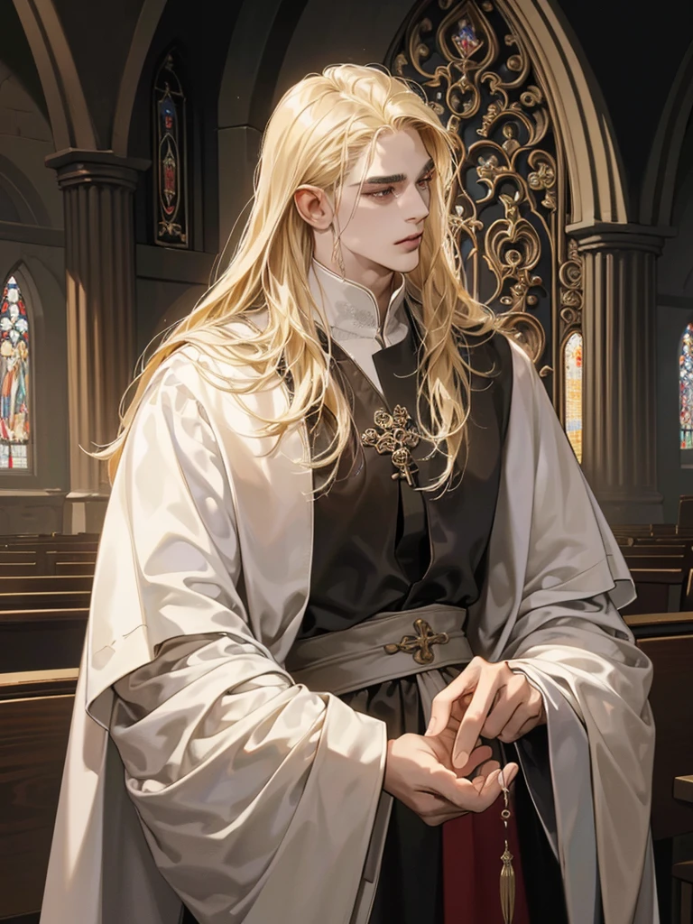 (old,priest-like,male face,detailed face,Ecclesiastical clothing,medieval time,religious works of art:1.1,dark background,rich colors,soft lighting) long hair, blonde hair, white robe, In the Gothic Church, white robe, cross, churchman, heavenly eyes