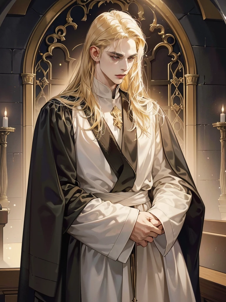 (old,priest-like,male face,detailed face,Ecclesiastical clothing,medieval time,religious works of art:1.1,dark background,rich colors,soft lighting) long hair, blonde hair, white robe, In the Gothic Church,  white robe, cross, churchman, heavenly eyes