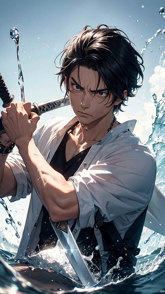 Chico (First) with a sword, water coming from the sword, serious angry look