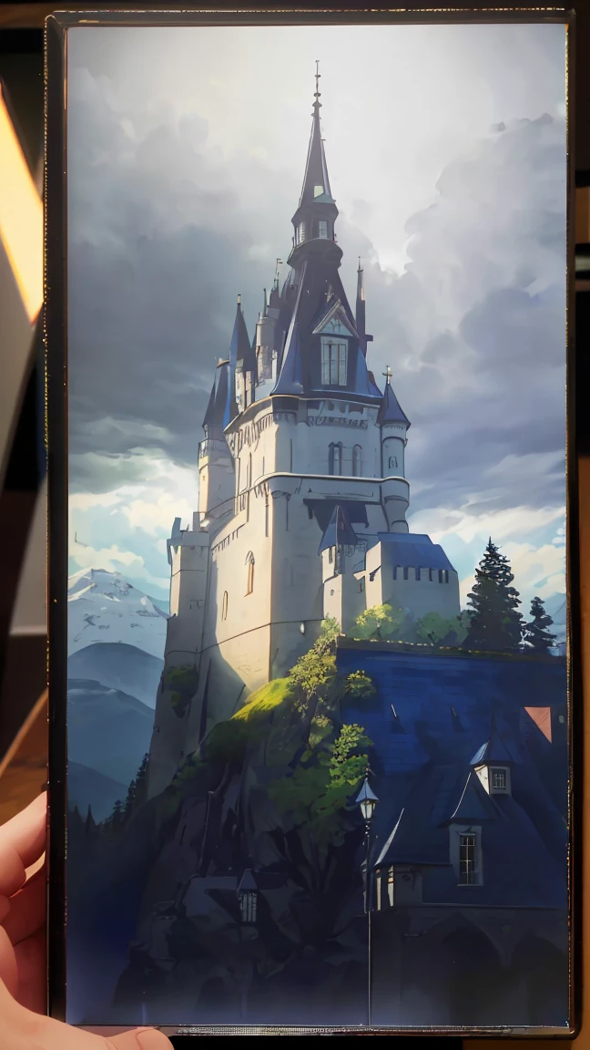 (best qualityer,4K,8K,high resolution,work of art:1.2),ultra detali,(realisitic,photorealisitic,photo-realisitic:1.37),mountainscape, castle, dark sky, studio lighting, Detailed back details,Impressionism,studio lighting,softfocus,bright coloured, dark fantasy.