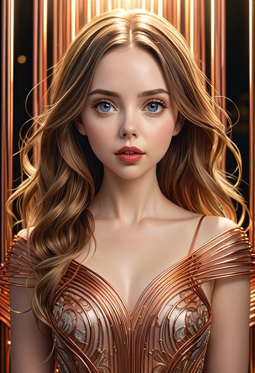 A stunning woman with hair made of intricate copper piping, cascading down like a metallic waterfall. She wears a dress fashioned from delicate, interwoven copper pipes, glinting under the light. Her visage is a mesmerizing blend of Alison Brie, Scarlett Johansson, and Dove Cameron, creating a unique, symmetrical face that exudes elegance and grace. The entire scene is rendered in photorealistic quality, capturing every fine detail with stunning clarity. The overall artwork is a masterpiece, presented in 8K high resolution, showcasing the top-quality craftsmanship and artistic vision.