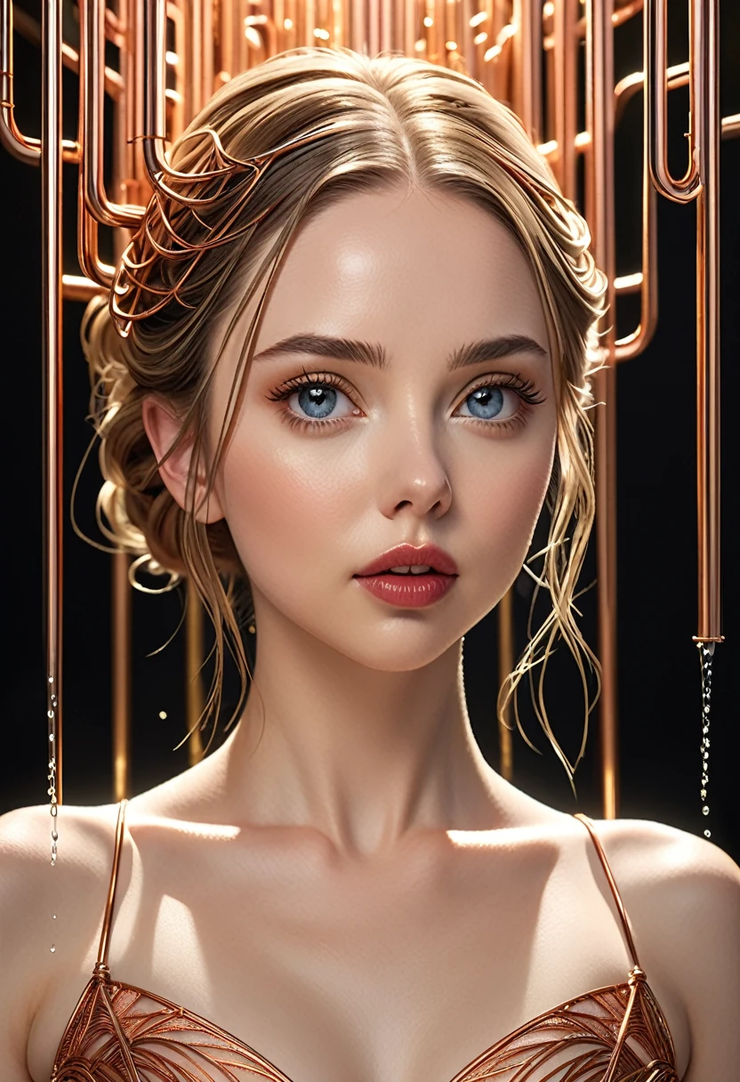 A stunning woman with hair made of intricate copper piping, cascading down like a metallic waterfall. She wears a dress fashioned from delicate, interwoven copper pipes, glinting under the light. Her visage is a mesmerizing blend of Alison Brie, Scarlett Johansson, and Dove Cameron, creating a unique, symmetrical face that exudes elegance and grace. The entire scene is rendered in photorealistic quality, capturing every fine detail with stunning clarity. The overall artwork is a masterpiece, presented in 8K high resolution, showcasing the top-quality craftsmanship and artistic vision.