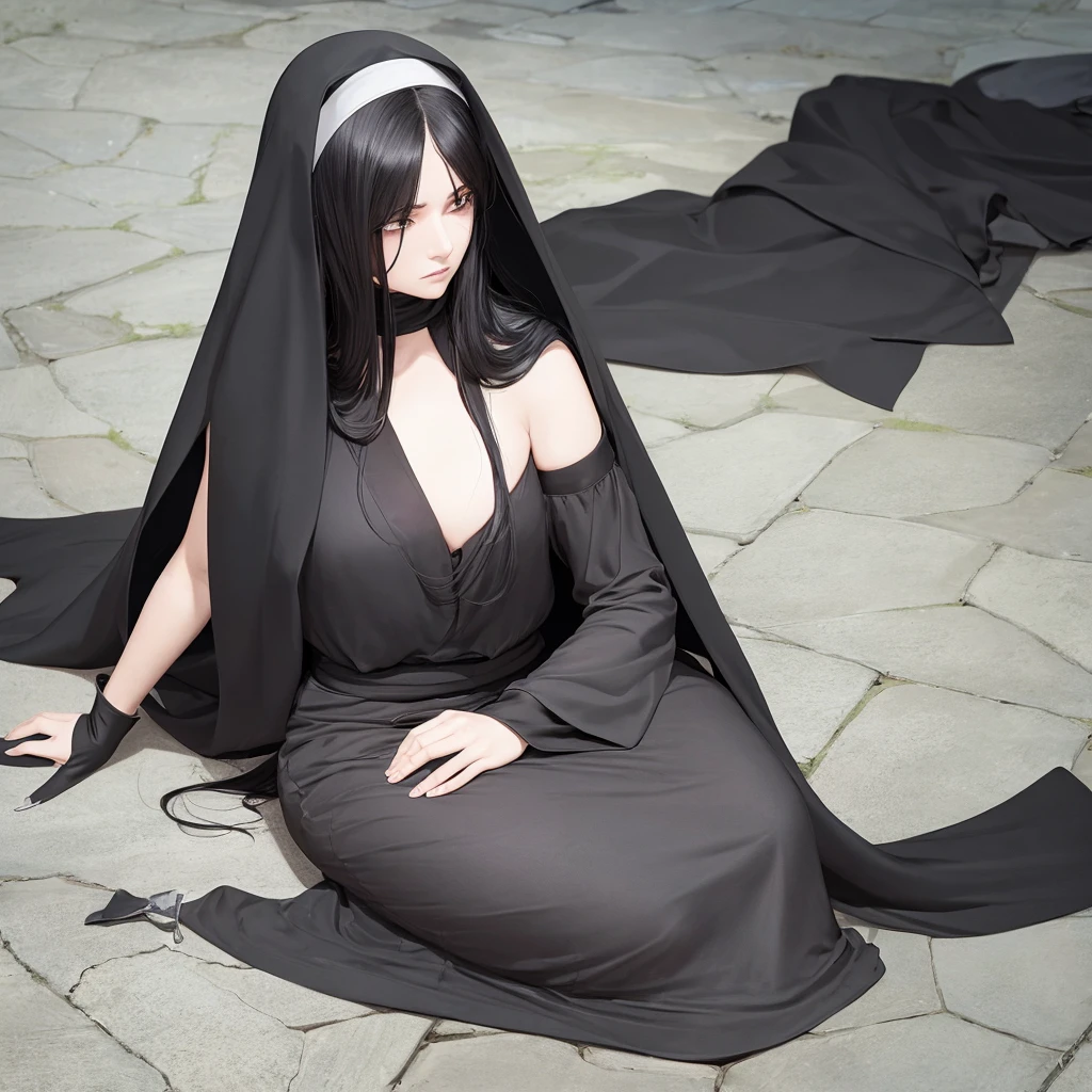 Beautiful lady, with black long hair, nun, scratches on face, Black Closed Clothing, Large cloak, costs. deflated face