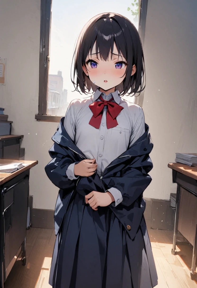Massive on the face、eye shot、Girl、Girl、Short、Younger、Lower school year、Baby Face、flat chest、Dynamic Angle、masterpiece、best quality、ultra-detail、School、In the classroom
