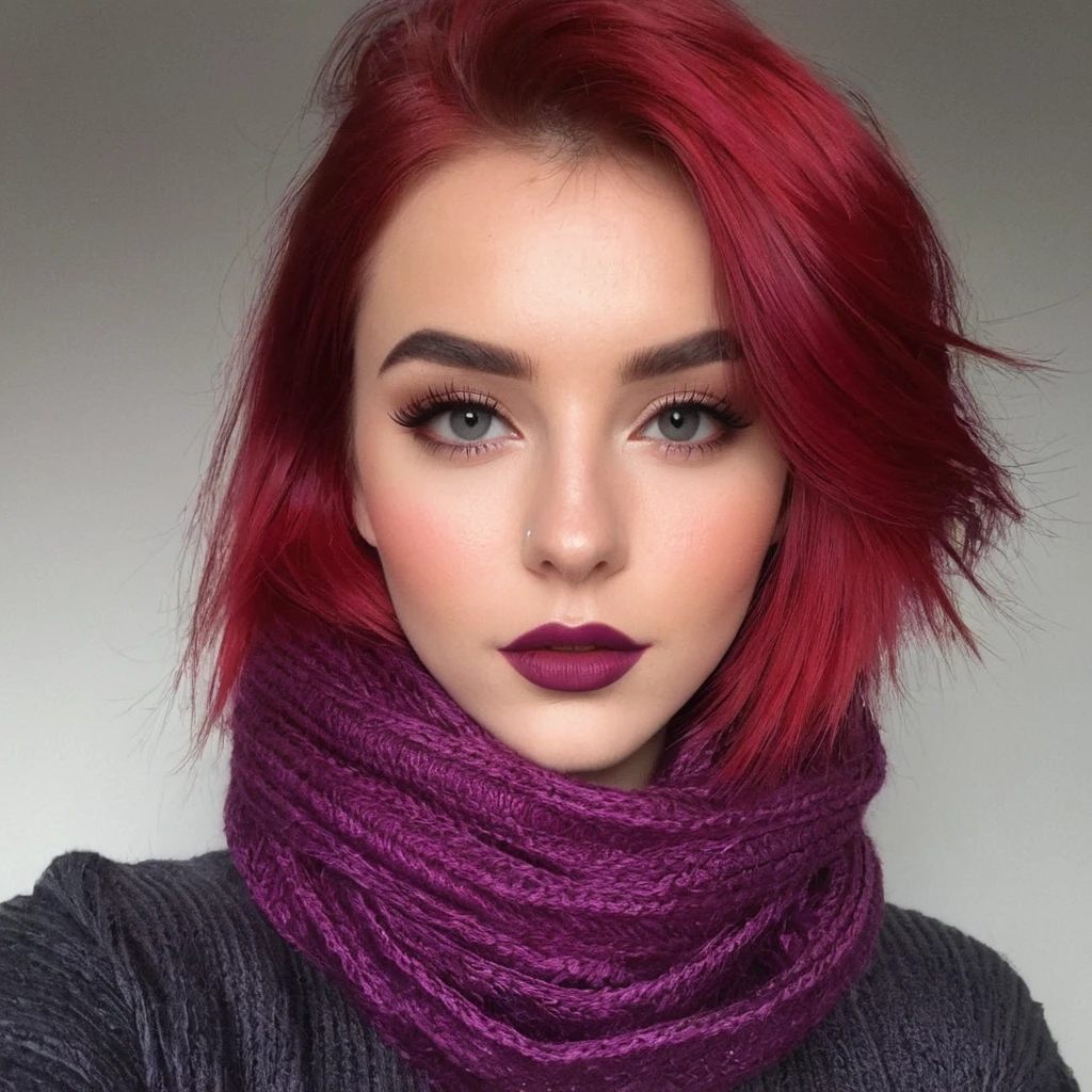 Photo brute, (18yo rougehead girl:1.2), Se maquiller, eye-liner graphique, violet, (foulard:0.9), texture de peau réaliste, pull en maille surdimensionné, (rouge:0.8), ????????, éclairage chaleureux, ambiance chaleureuse, style instagram, un peu de décolleté visible, Épaules,cheveux long red