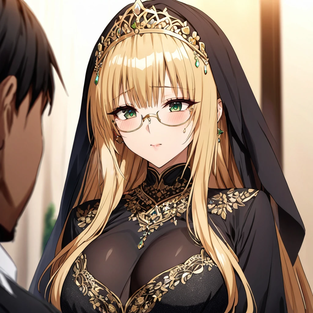 A woman is being raped by a man、((Highest quality)), ((masterpiece)), (detailed), （Perfect Face）、The woman is a devout Muslim Tiara with deep dark skin, and is wearing a gorgeous, glittering abaya with gold embroidery at an Islamic prayer hall, a gorgeous hijab, a gorgeous hair ornament, and gorgeous jeweled accessories and an engagement ring.、The woman is an elegant Tiara with green eyes, medium blonde hair and a gorgeous hijab. She is a Muslim Arab Tiara with bright brown skin and wearing an abaya.、（The woman is a dark-skinned Arab devout Muslim named Tiara.）