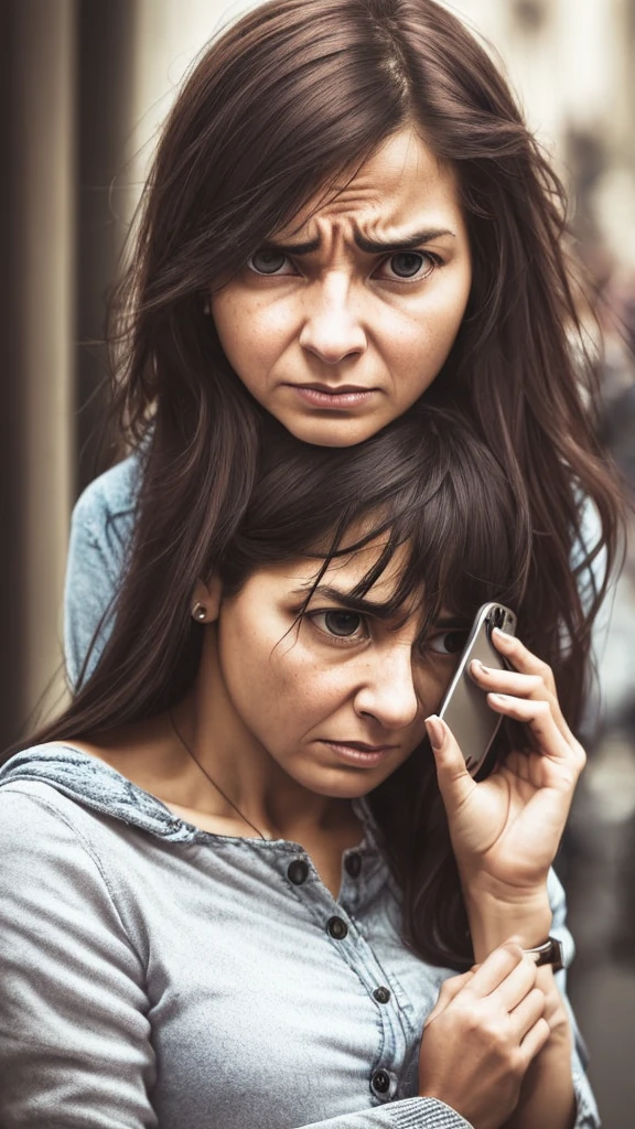scared woman with cell phone