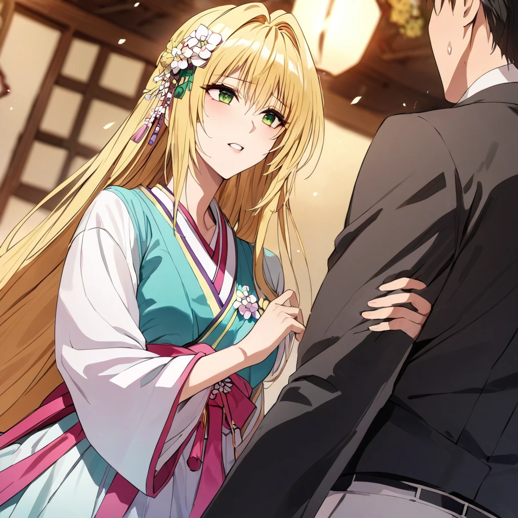 A woman is being raped by a man、((Highest quality)), ((masterpiece)), (detailed), (Perfect Face)、The woman in the Korean palace is a Korean Tiayoo, wearing a gorgeous and glittering hanbok (traditional Korean dress) in a Korean mansion, with a gorgeous hair ornament, gorgeous jeweled accessories, and an engagement ring.、The woman is an elegant tiare with green eyes and medium-long blonde hair. The woman is a Korean tiare wearing a hanbok.