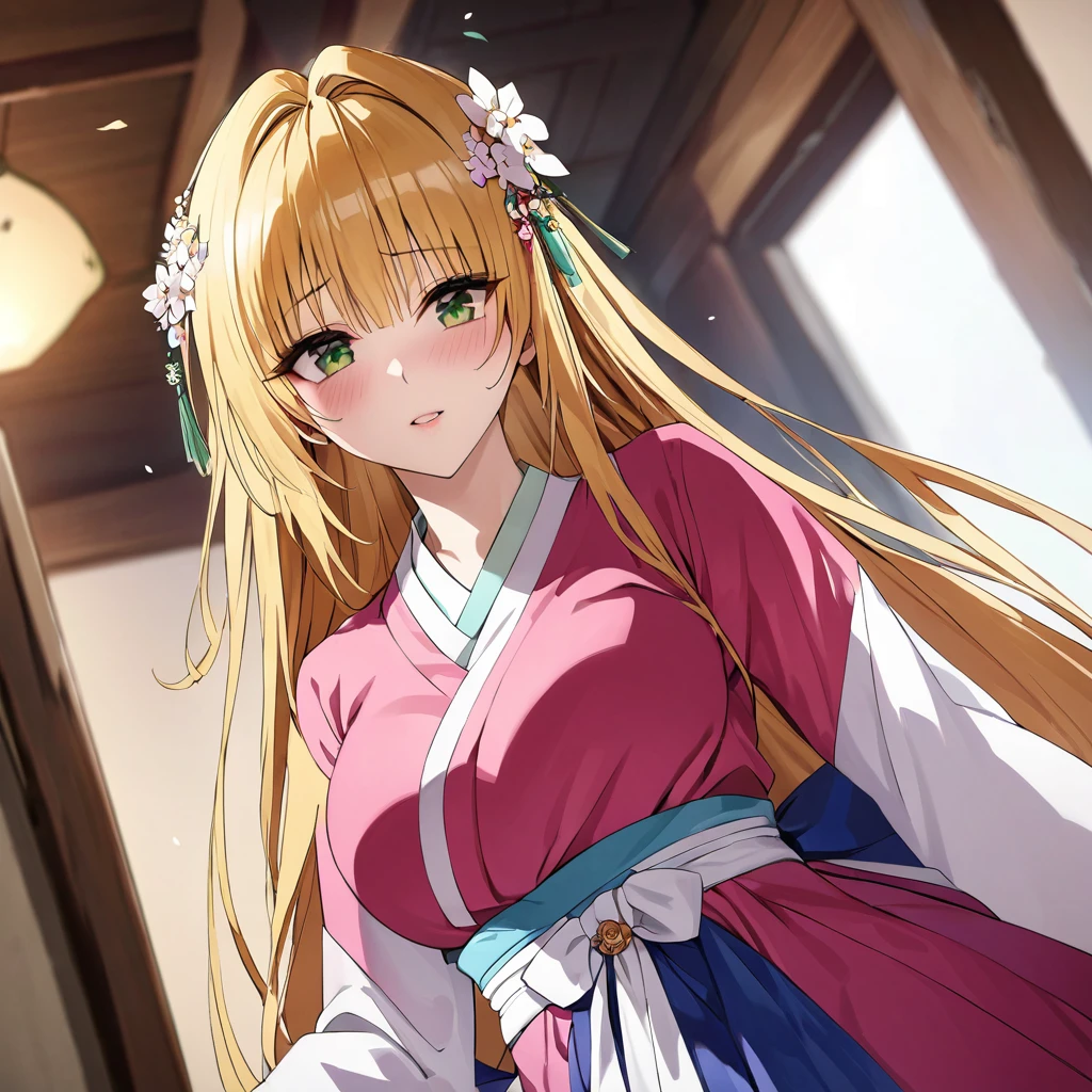 A woman is being raped by a man、((Highest quality)), ((masterpiece)), (detailed), (Perfect Face)、The woman in the Korean palace is a Korean Tiayoo, wearing a gorgeous and glittering hanbok (traditional Korean dress) in a Korean mansion, with a gorgeous hair ornament, gorgeous jeweled accessories, and an engagement ring.、The woman is an elegant tiare with green eyes and medium-long blonde hair. The woman is a Korean tiare wearing a hanbok.