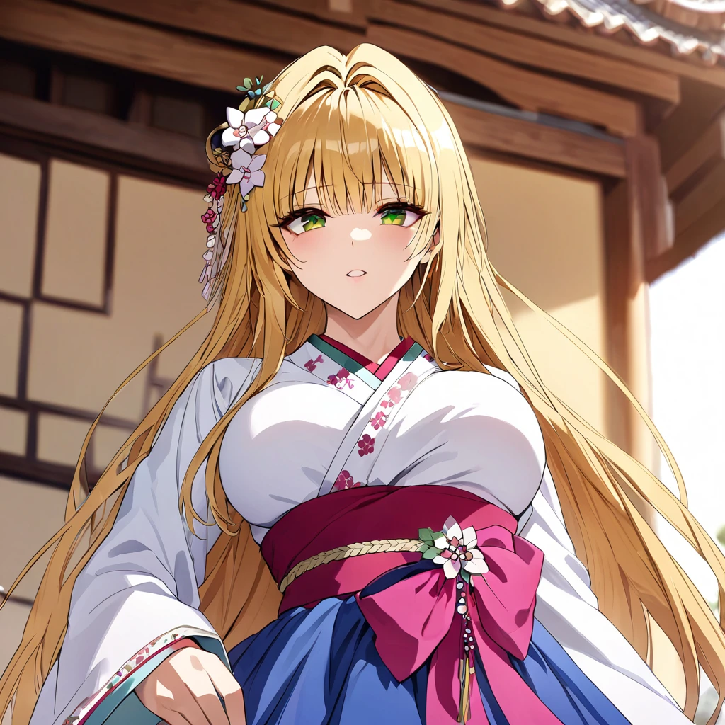 A woman is being raped by a man、((Highest quality)), ((masterpiece)), (detailed), (Perfect Face)、The woman in the Korean palace is a Korean Tiayoo, wearing a gorgeous and glittering hanbok (traditional Korean dress) in a Korean mansion, with a gorgeous hair ornament, gorgeous jeweled accessories, and an engagement ring.、The woman is an elegant tiare with green eyes and medium-long blonde hair. The woman is a Korean tiare wearing a hanbok.