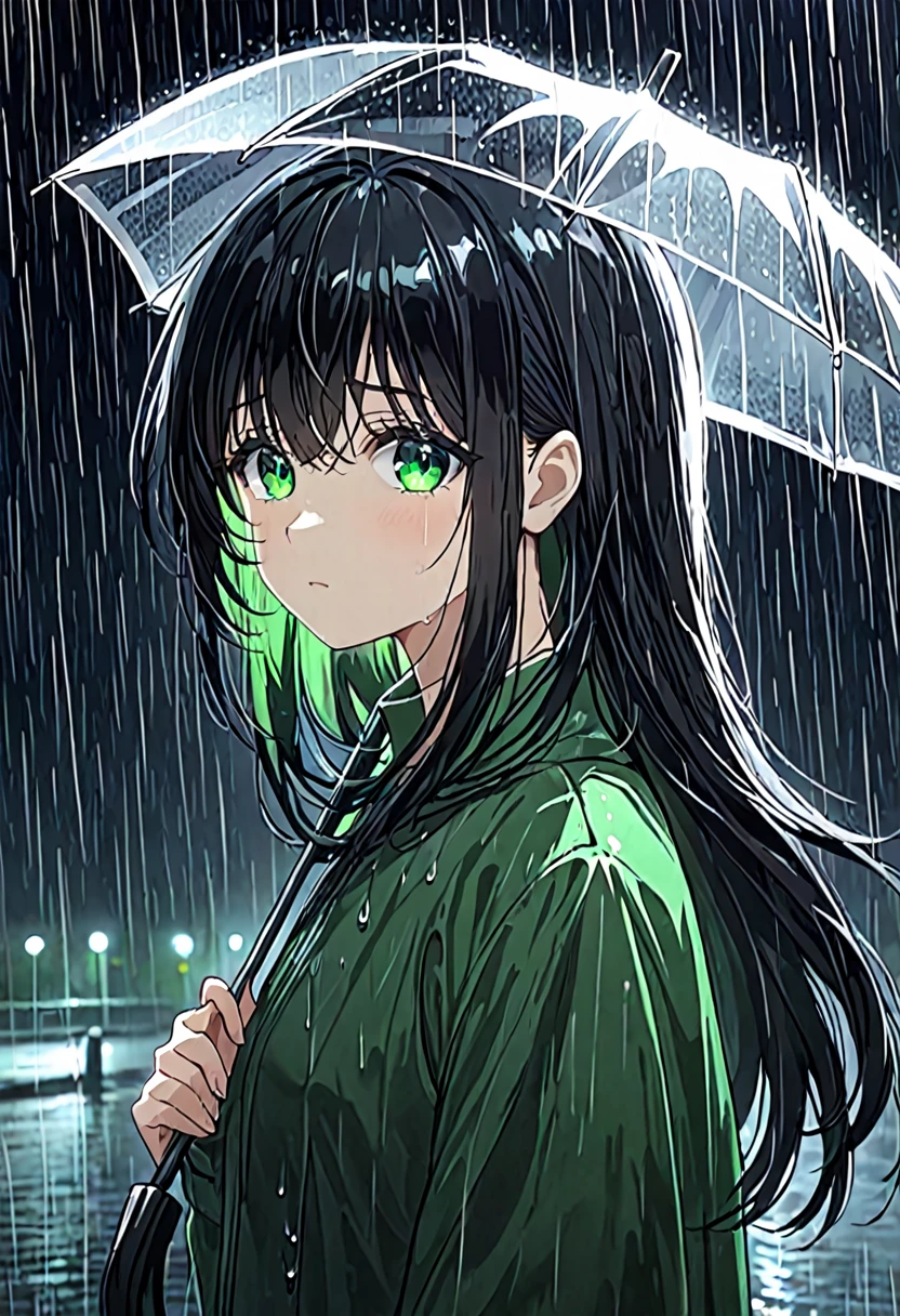Girl with black hair and green eyes.Under the rain at night.High quality