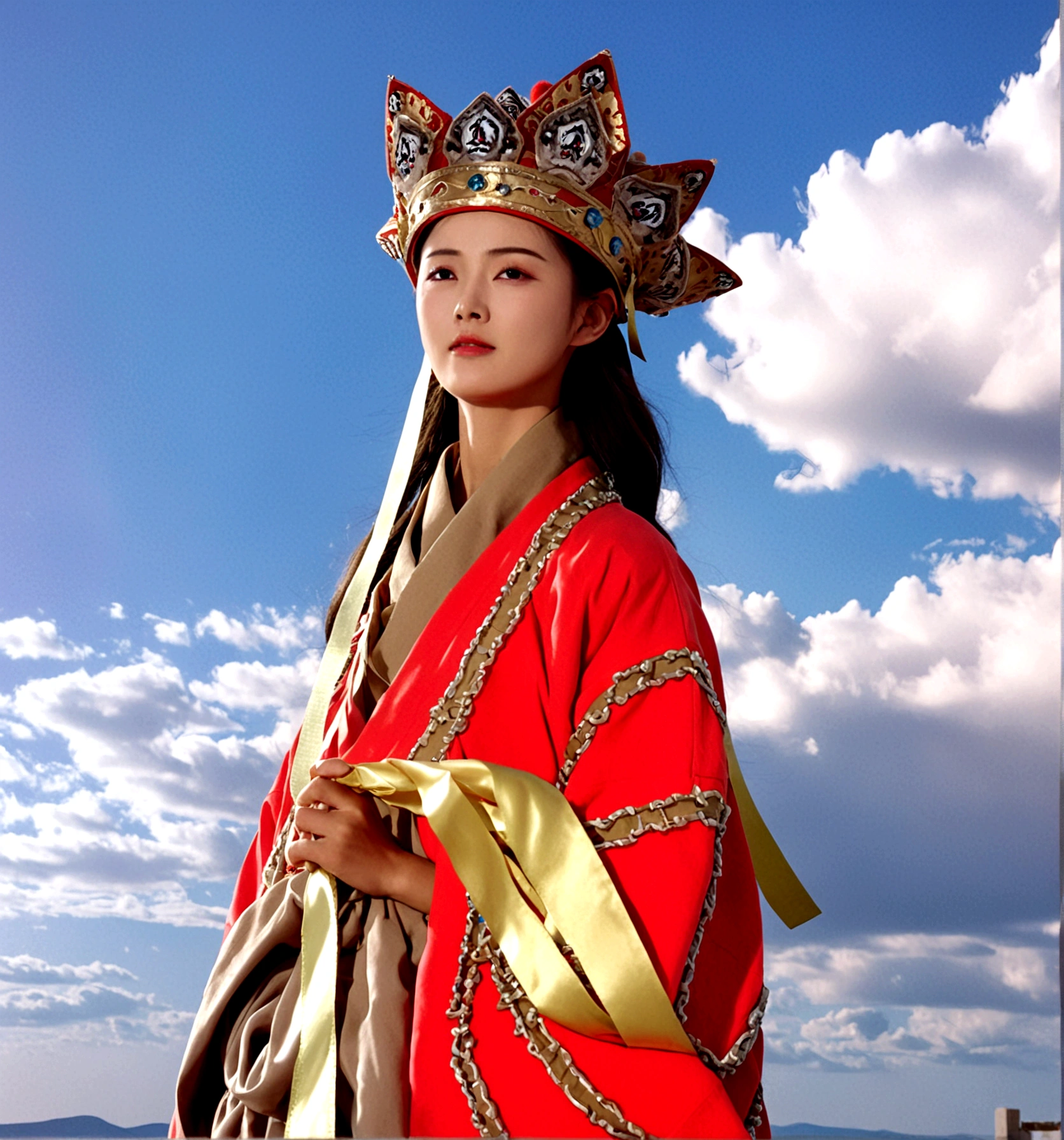 1girl, solo, looking at viewer, long sleeves, hat, closed mouth, upper body, outdoors, sky, day, cloud, blue sky, cloudy sky, crown, robe, korean clothes, traditional clothes, hanbok