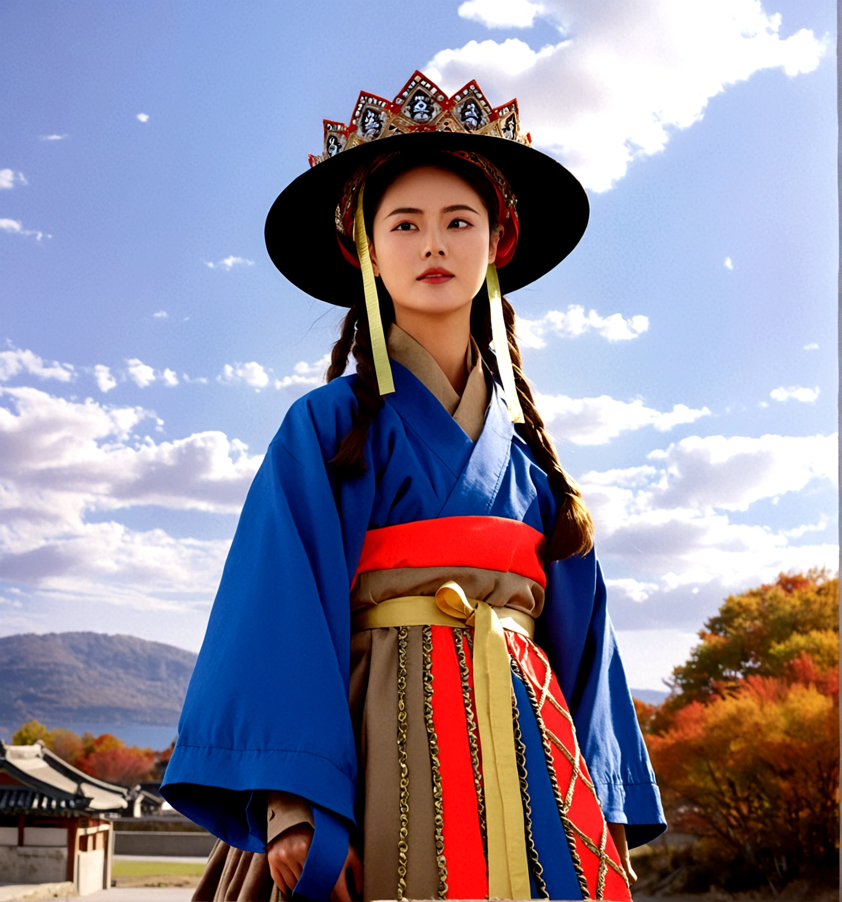 1girl, solo, looking at viewer, long sleeves, hat, closed mouth, upper body, outdoors, sky, day, cloud, blue sky, cloudy sky, crown, robe, korean clothes, traditional clothes, hanbok