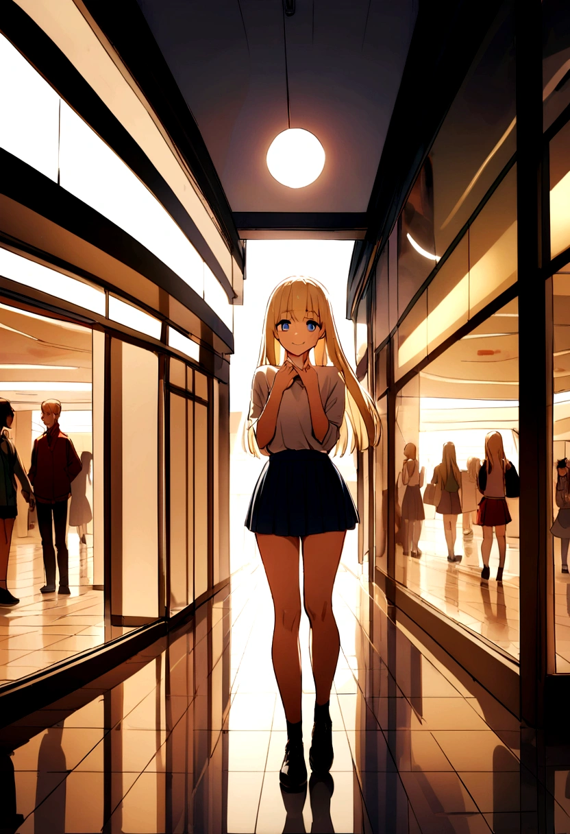 a young woman, 20 years old, blonde, straight hair, blue eyes, hole in her chin, BEAUTIFUL, PERFECT BODY, FULL BODY, HAPPY smiling, standing full body, in a mini skirt, in the mall