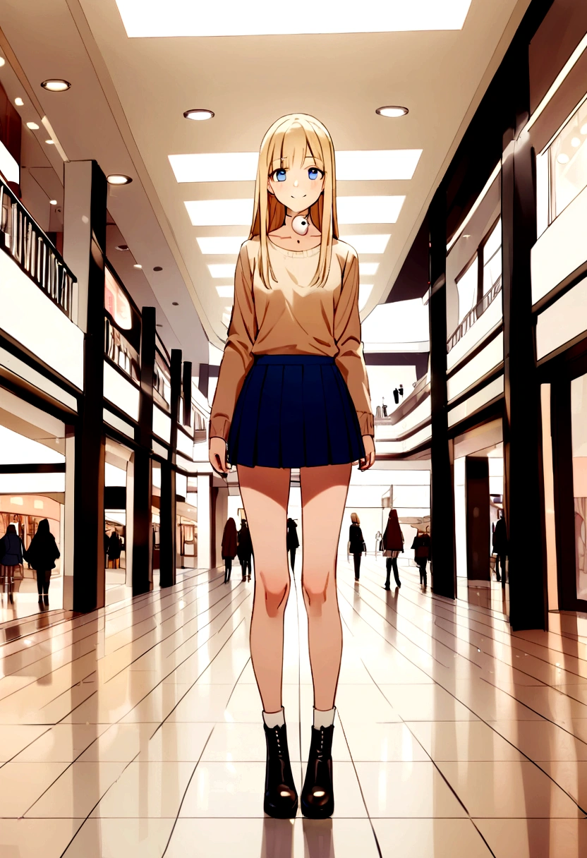 a young woman, 20 years old, blonde, straight hair, blue eyes, hole in her chin, BEAUTIFUL, PERFECT BODY, FULL BODY, HAPPY smiling, standing full body, in a mini skirt, in the mall