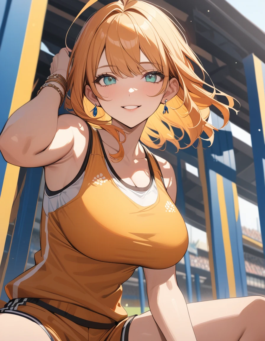 (Highest quality:1.2, three-dimensional, dynamic, High Detail, masterpiece:1.2, Best aesthetics), (1 girl), Beautiful woman, Beautiful detailed eyes, Beautiful detailed lips, Highly detailed face, Delicate depiction of hair and eyes, Detailed Fashion, (detailed background:1.2) ((Portraiture, Cowboy Shot)), Aqua Eye, huge ahoge, Mouth open, Earrings, View your viewers, big breasts, upper body, full body from knees to head, gaze away, gaze into the distance, smile lightly, fancy nails, bracelet, medium hair, yellow color inner hair, orange hair, track and field wear, tight racing bloomers, separate, sports bra