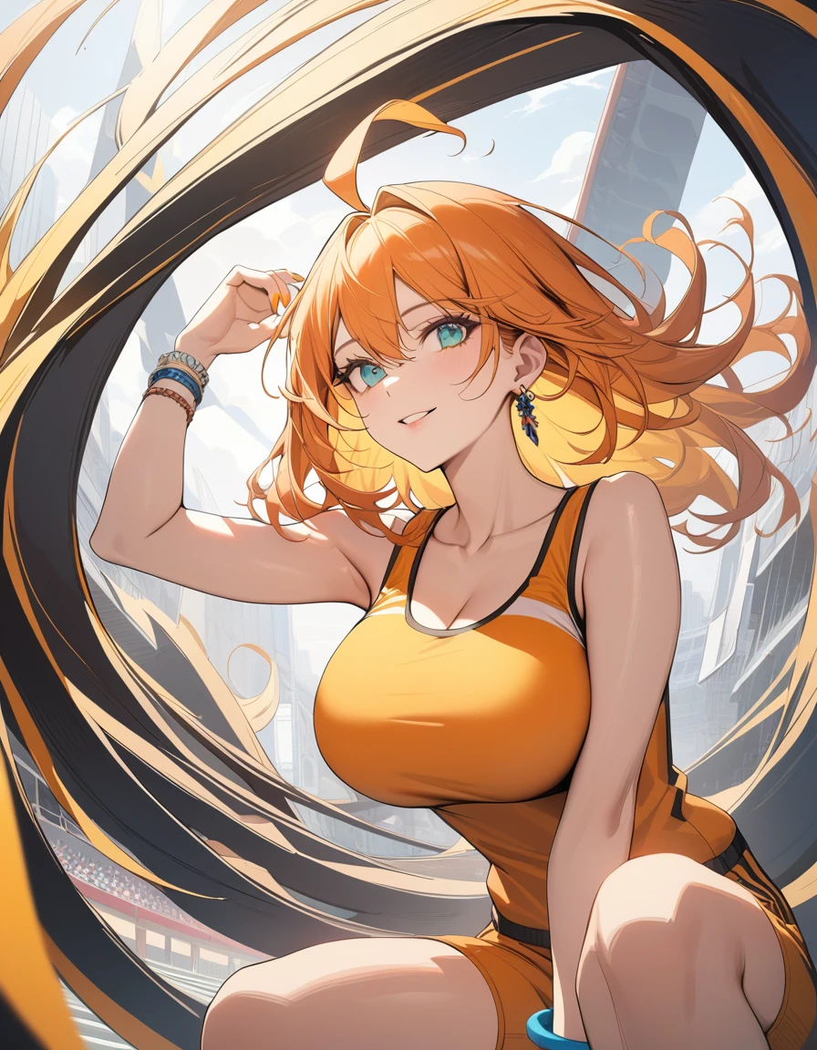 (Highest quality:1.2, three-dimensional, dynamic, High Detail, masterpiece:1.2, Best aesthetics), (1 girl), Beautiful woman, Beautiful detailed eyes, Beautiful detailed lips, Highly detailed face, Delicate depiction of hair and eyes, Detailed Fashion, (detailed background:1.2) ((Portraiture, Cowboy Shot)), Aqua Eye, huge ahoge, Mouth open, Earrings, View your viewers, big breasts, upper body, full body from knees to head, gaze away, gaze into the distance, smile lightly, fancy nails, bracelet, medium hair, yellow color inner hair, orange hair, track and field wear, tight racing bloomers, separate, sports bra