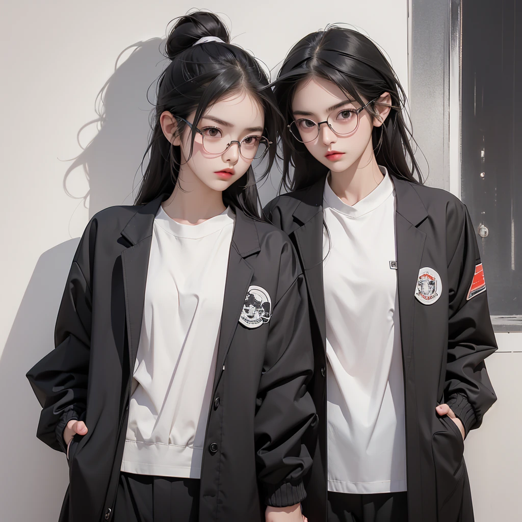(Highest quality:1.2)。Man and Woman。Glasses。Angry expression。(Wearing a black jacket couple)。(standing)。The background is a white。(the word SELA is written on his jacket ), (upper body)