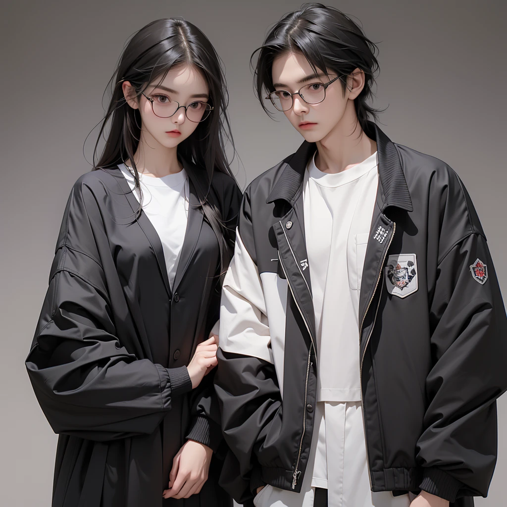 (Highest quality:1.2)。Man and Woman。Glasses。Angry expression。(Wearing a black jacket couple)。(standing)。The background is a white。(the word SELA is written on his jacket ), (upper body)