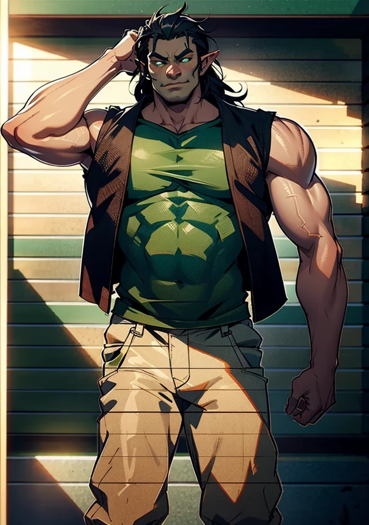 Tall, Muscular Green Half-Orc, elf ears, black hair long