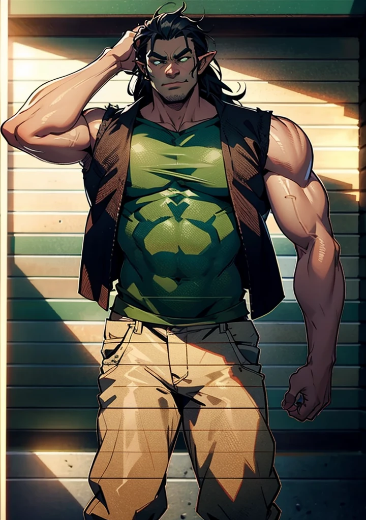 Tall, Muscular Green Half-Orc, elf ears, black hair long