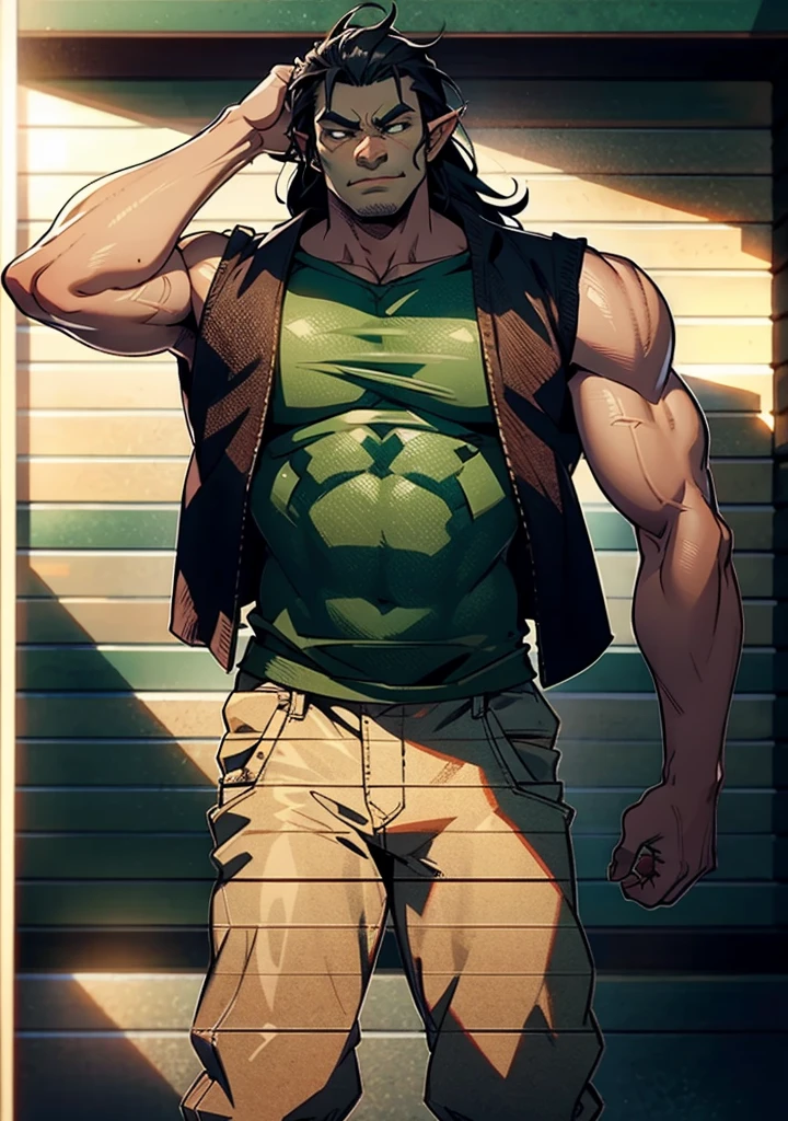 Tall, Muscular Green Half-Orc, elf ears, black hair long