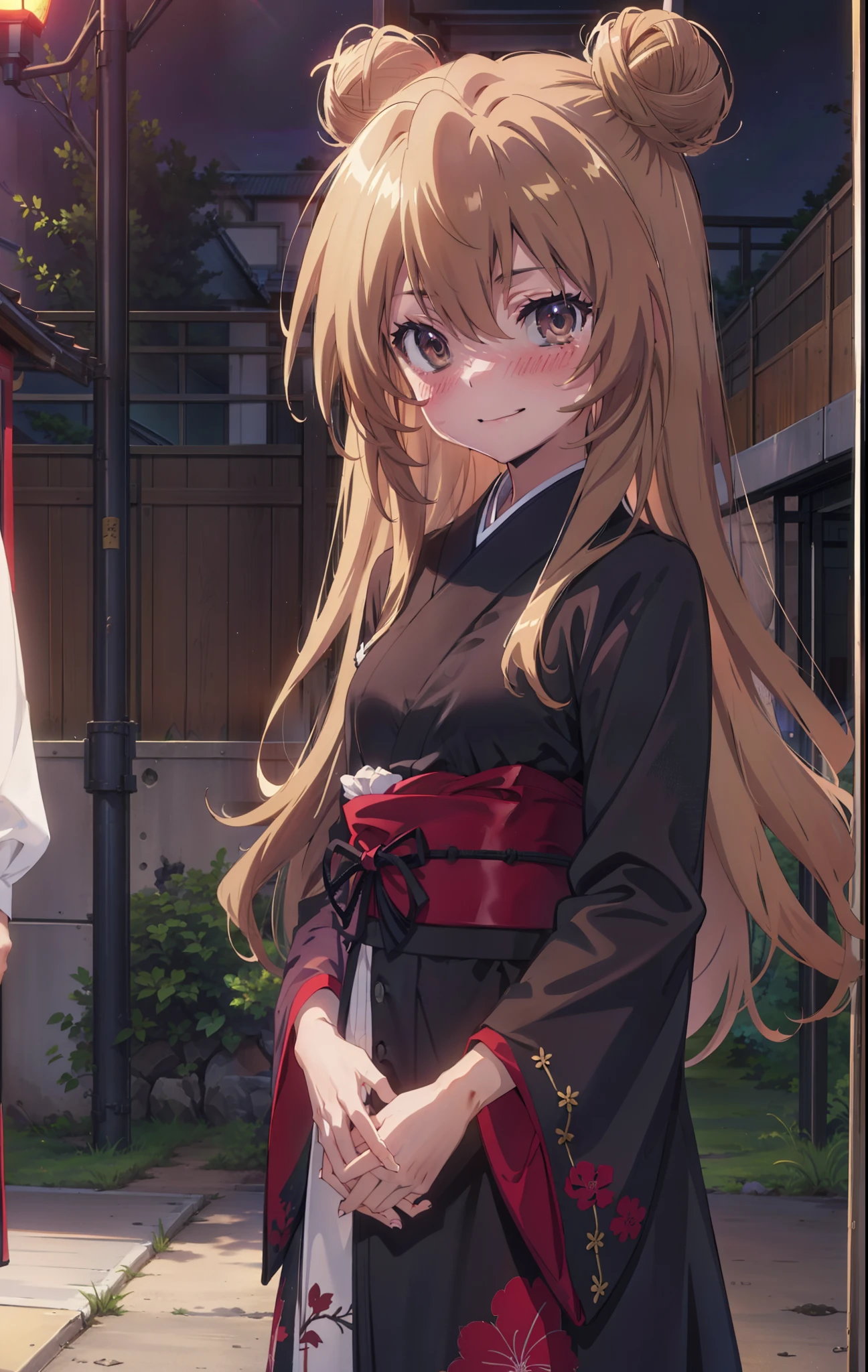 taiga aisaka, taiga aisaka, Long Hair, Brown Hair, Brown eyes,happy smile, smile, Close your mouth,Hair Bun, single Hair Bun,Black kimono,Thick sleeves,,日本のfestival,夏festivalの屋台,Red lantern,night,As if your whole body is in the illustration,Walking, break looking at viewer, Upper Body (Cowboy Shot:1. 5),
break outdoors, festival,shrine,
break (masterpiece:1.2), Highest quality, High resolution, unity 8k wallpaper, (shape:0.8), (Beautiful attention to detail:1.6), Highly detailed face, Perfect lighting, Highly detailed CG, (Perfect hands, Perfect Anatomy),