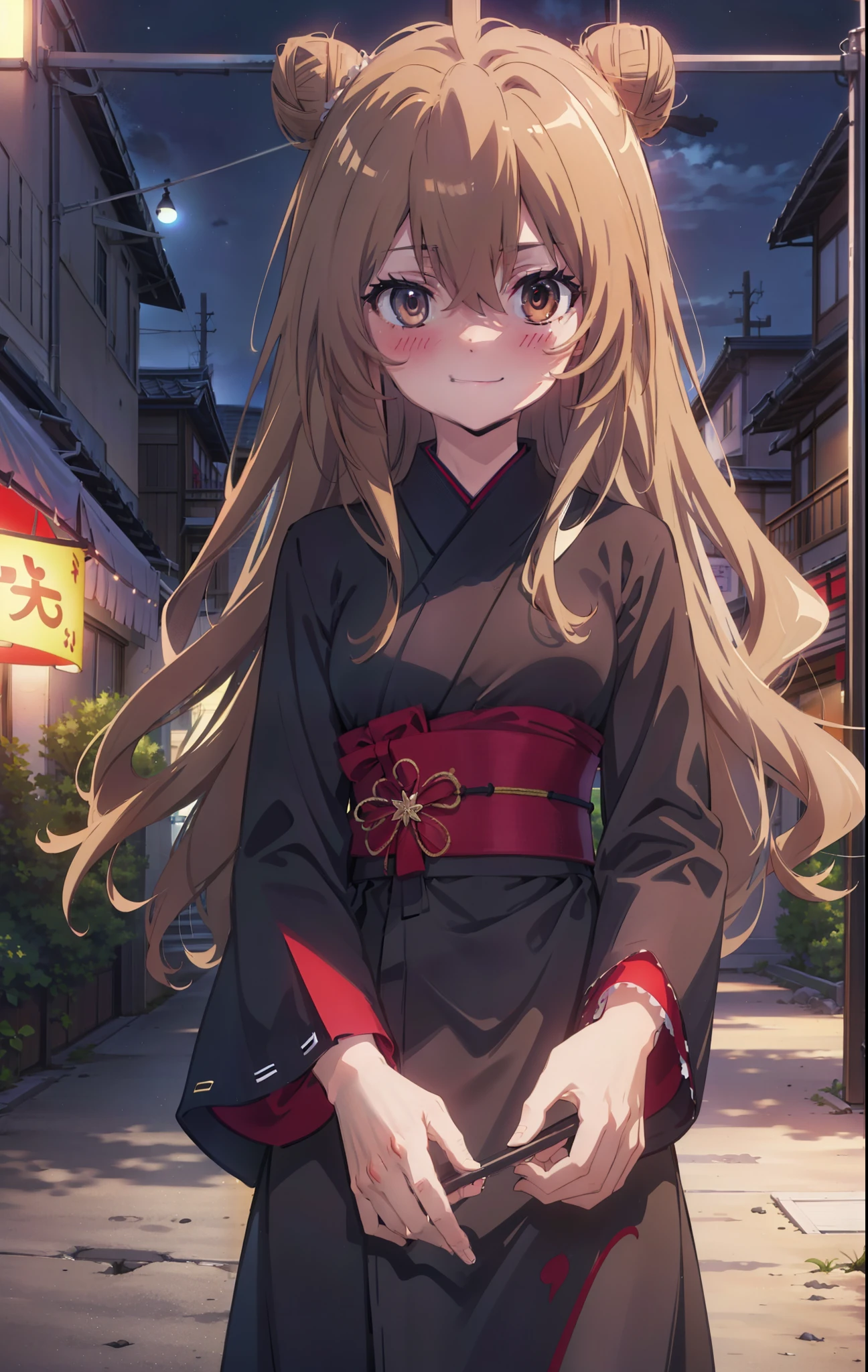 taiga aisaka, taiga aisaka, Long Hair, Brown Hair, Brown eyes,happy smile, smile, Close your mouth,Hair Bun, single Hair Bun,Black kimono,Thick sleeves,,日本のfestival,夏festivalの屋台,Red lantern,night,As if your whole body is in the illustration,Walking, break looking at viewer, Upper Body (Cowboy Shot:1. 5),
break outdoors, festival,shrine,
break (masterpiece:1.2), Highest quality, High resolution, unity 8k wallpaper, (shape:0.8), (Beautiful attention to detail:1.6), Highly detailed face, Perfect lighting, Highly detailed CG, (Perfect hands, Perfect Anatomy),