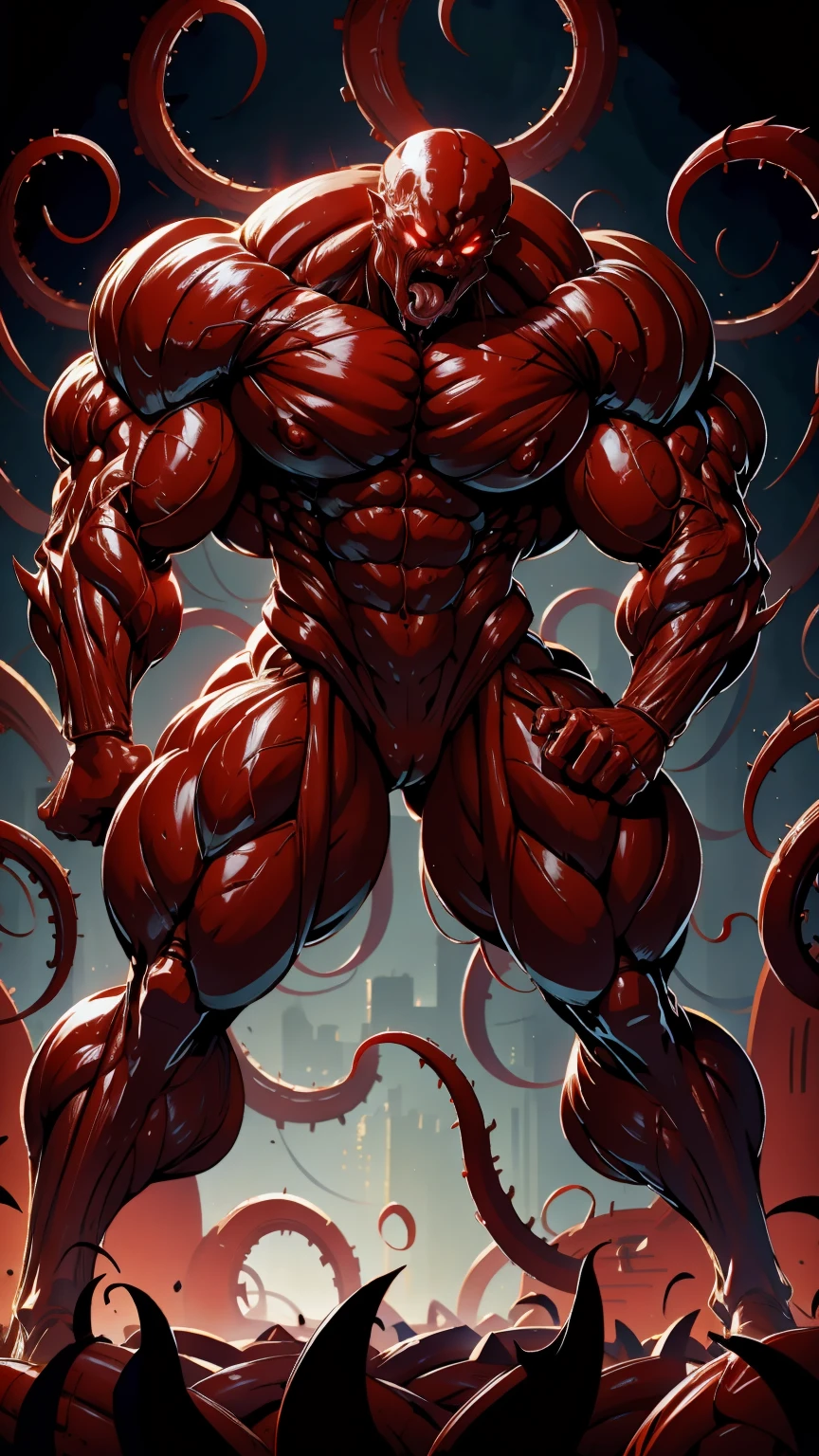 megan fox as a vampiric muscular red carnage, (mouth wide open with tongue out:1.25), (red carnage anatomic muscular bio-mecha muscle suit:1.25), (body totally covered in muscles, veins, tendons), (perfect muscular anatomy), (wide upper body:1.25), (thin legs:1.25), (beautiful face:1.25)