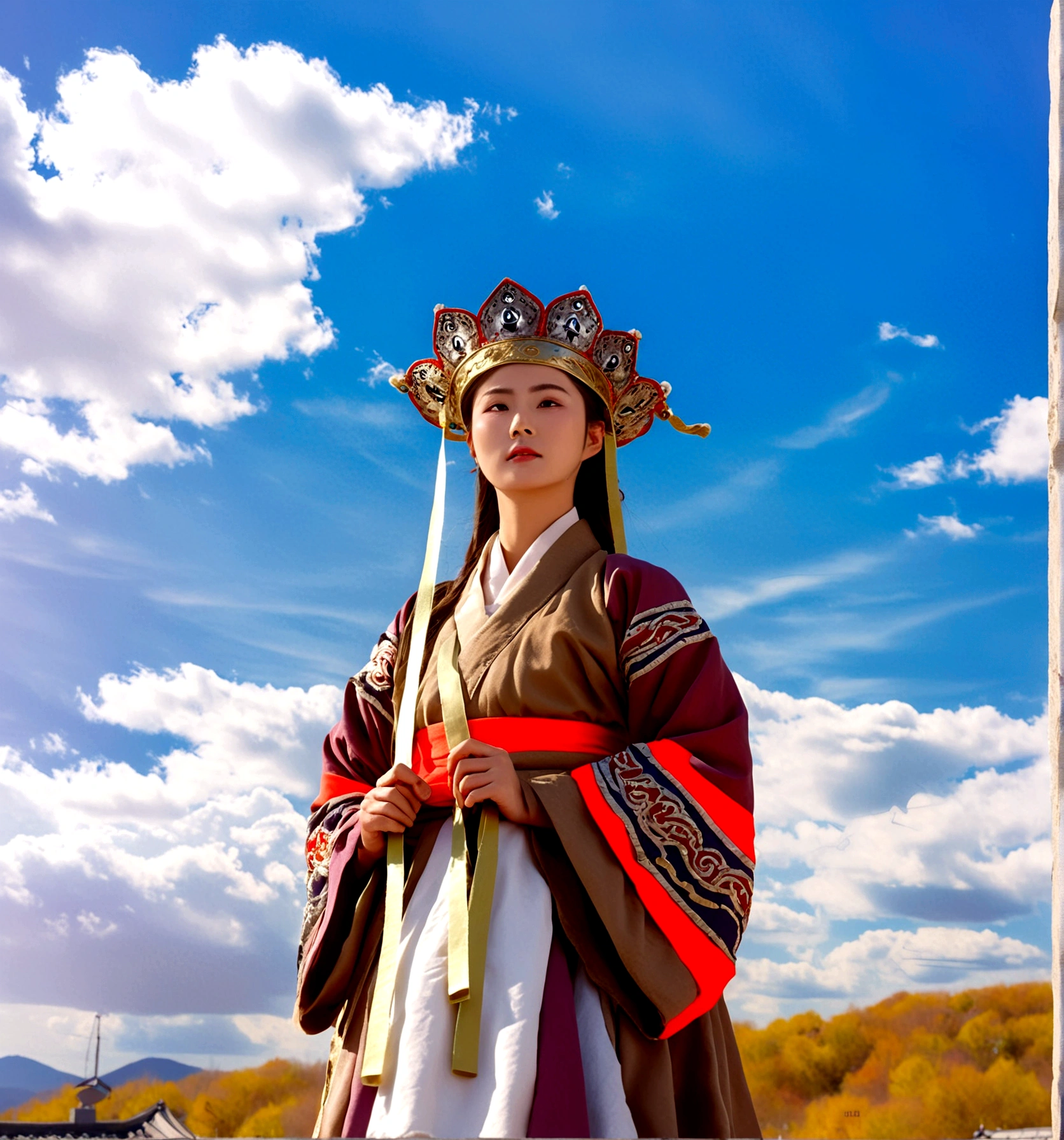 1girl, solo, looking at viewer, long sleeves, hat, closed mouth, upper body, outdoors, sky, day, cloud, blue sky, cloudy sky, crown, robe, korean clothes, traditional clothes, hanbok